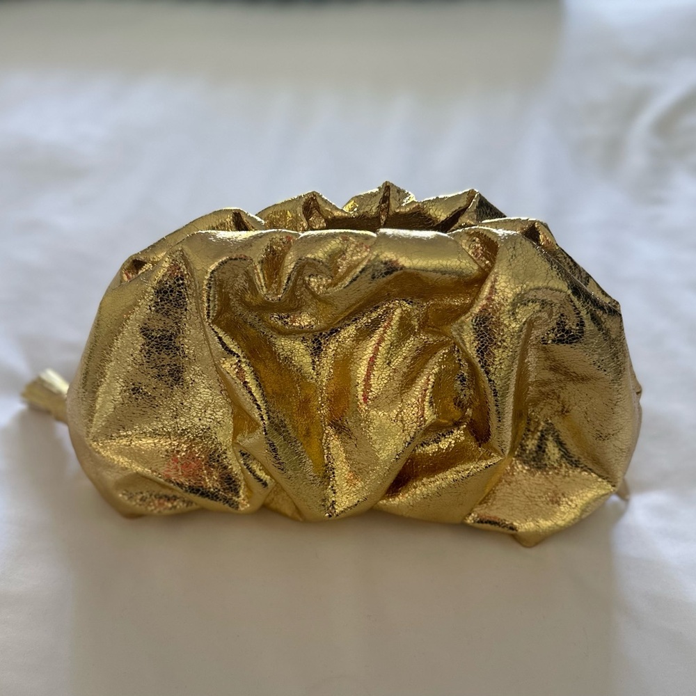 Rebecca Minkoff Ruched Clutch in Metallic Gold.